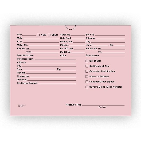 Car Dealer Depot Vhicl Deal Envelopes (Deal Jackets) Printed, 9" X 12", Dsa-546: Pink Pk 514-100 - main
